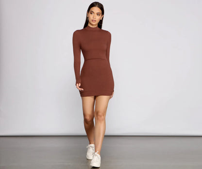 Basic Ribbed Knit Long Sleeve Mini Dress