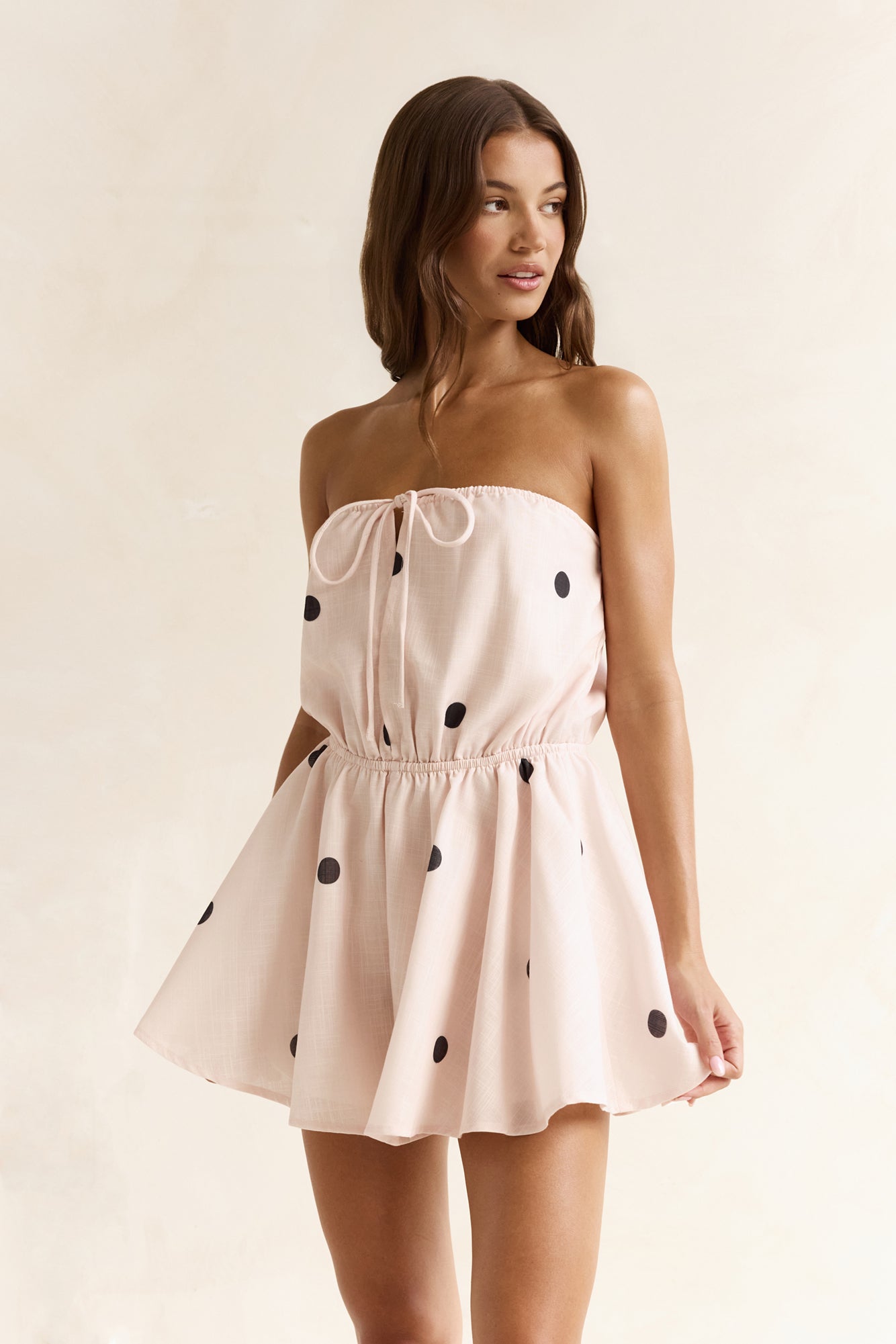 High Hopes Polka Dot Strapless Romper Beige