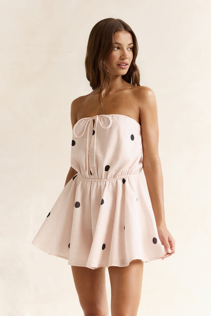 High Hopes Polka Dot Strapless Romper Beige