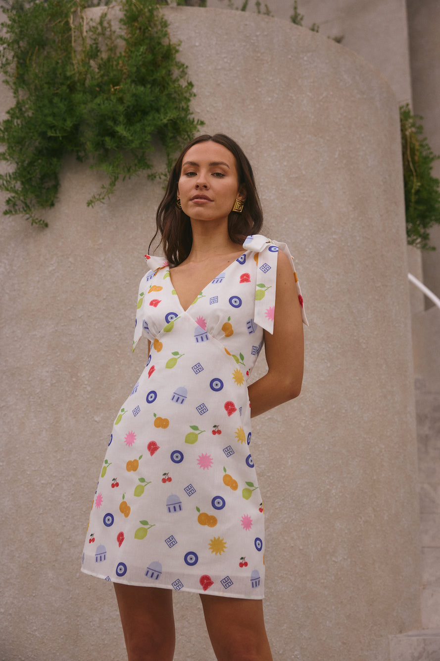 FORTUNATE ONE On Vacay Mini Dress Santorini Print
