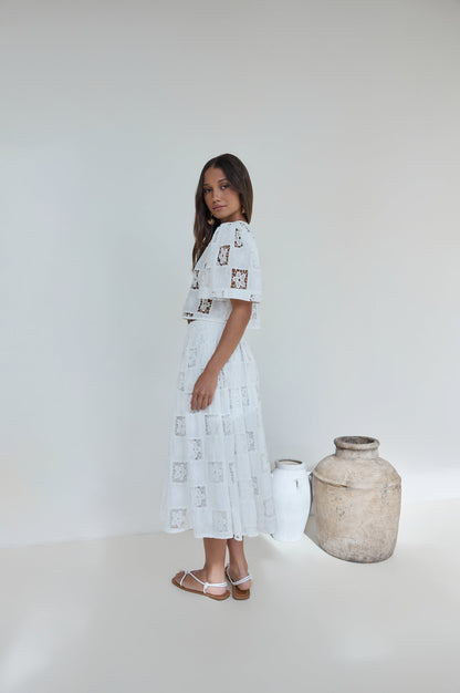 Andolina Crochet Lace Midi Skirt White