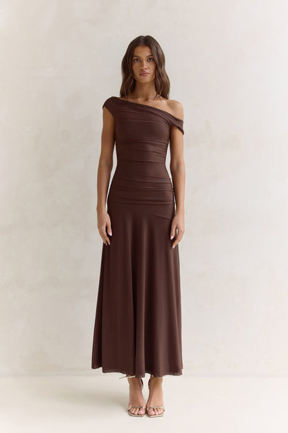Coffee And Wine Mesh Off Shoulder Maxi Dress Brown