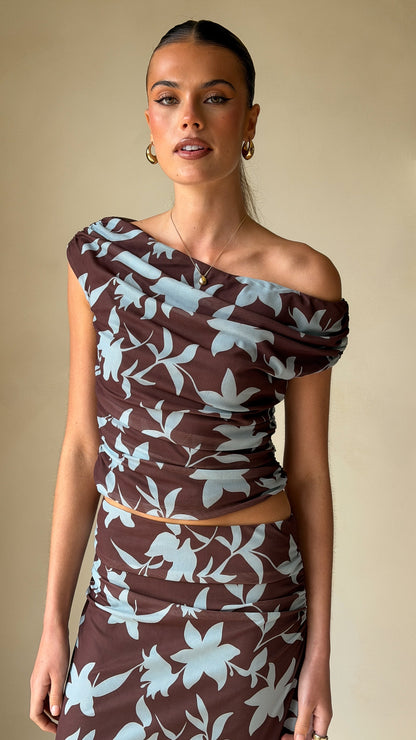 Ellita Off Shoulder Top - Chocolate/Blue Print