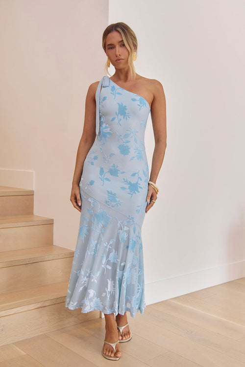 Waving Hello One Shoulder Maxi Dress Light Blue